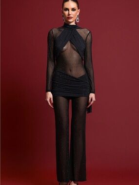 Bella Barnett Black Sheer Mesh Crystal Illusion Jumpsuit –Large – NWT SOLDOUT